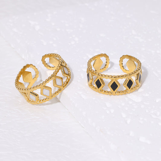 Anello minimalista geometrico a rombo in acciaio inossidabile con placcatura in oro 18 carati e fascia aperta regolabile da donna