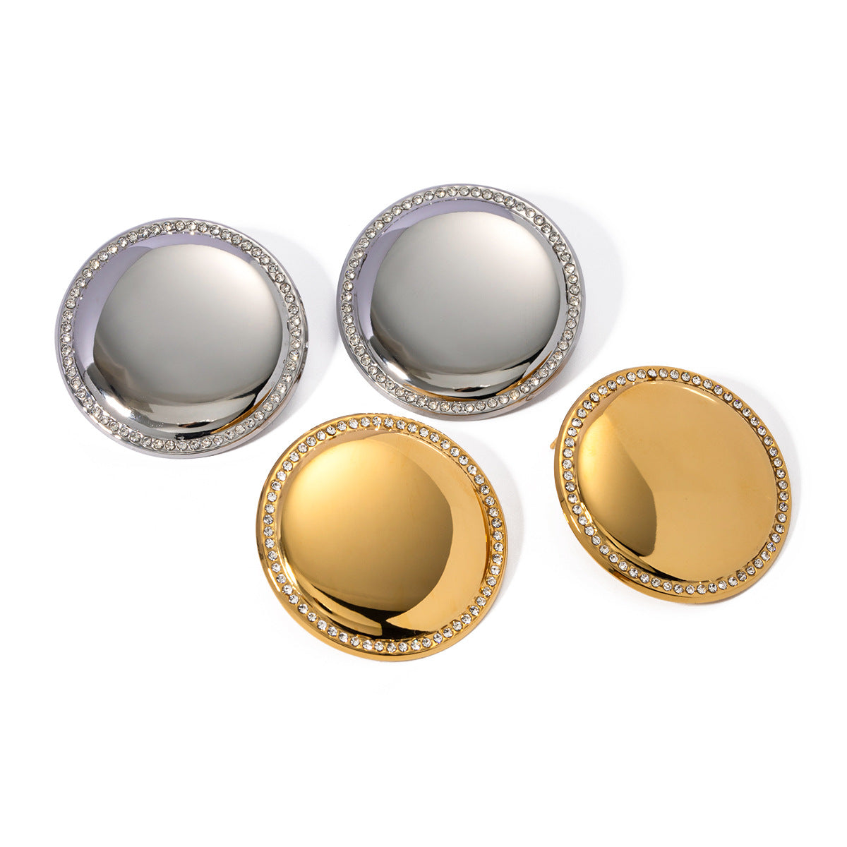 Trendy Geometric Round Disc Earrings 18K Gold Plated Stainless Steel Rhinestone Inlay for Women