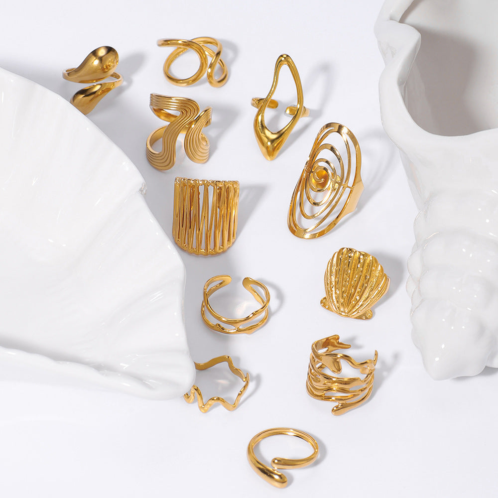 Minimalist Star-Shaped Geometric Stainless Steel Ring with 18K Gold Plating and Shell-Inspired Texture for Women