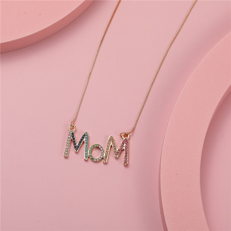 Minimalist MOM Letter Pendant Necklace for Children Alloy Snake Chain with Colorful Rhinestone Inlay