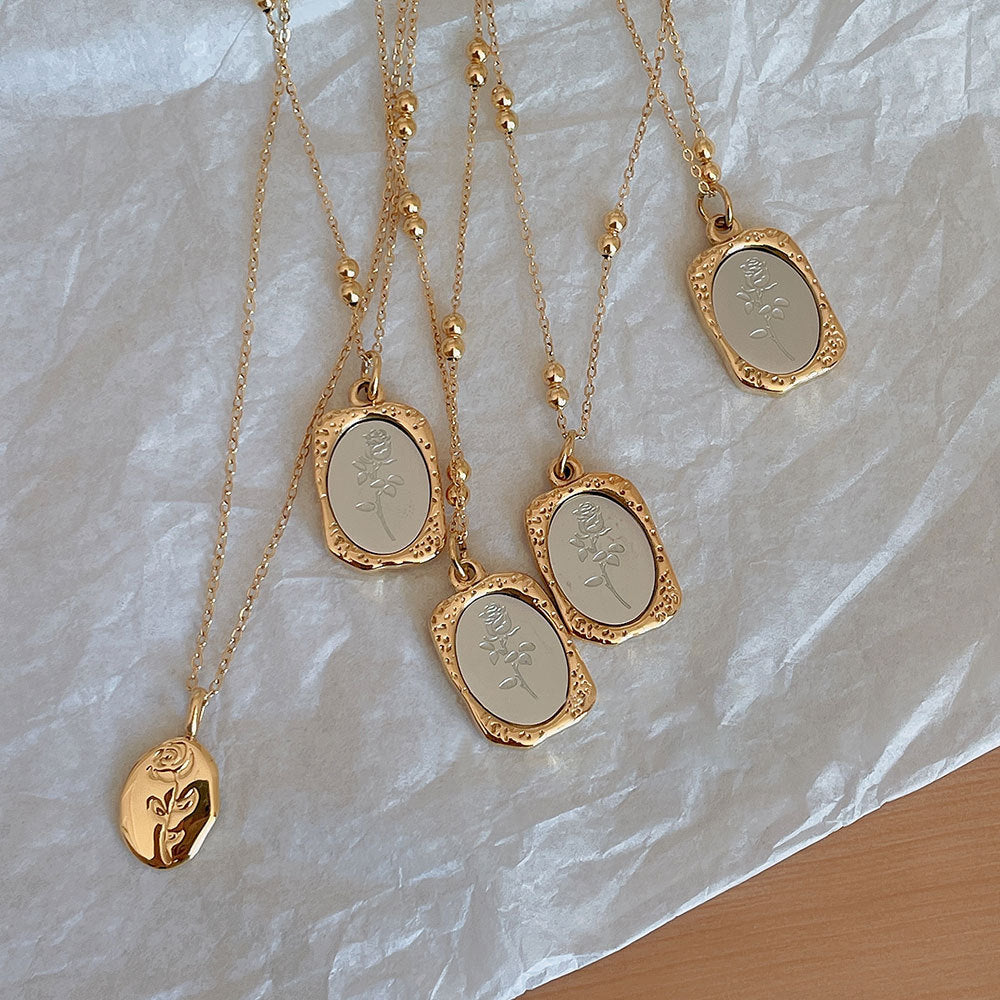 Collana Pendente a Specchio in Acciaio al Titanio con Incisione in Stile Francese Vintage da Donna con Ciondolo Quadrato Geometrico e Placcatura in Oro Rosa