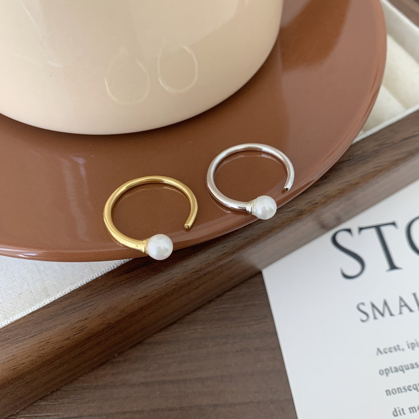 Minimalist Sweet 925 Sterling Silver Round Geometric Plated Ring with Pearl Polka Dot Open Adjustable Fine Band