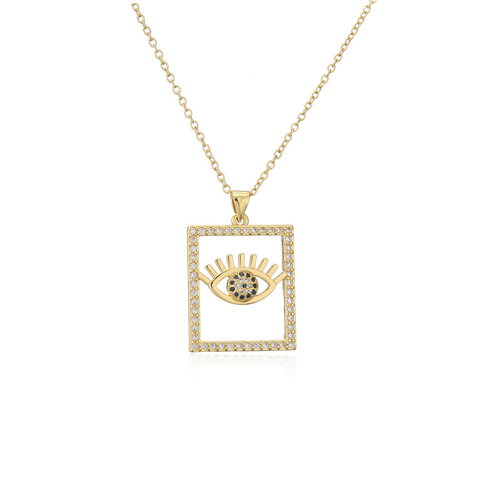 Gold Geometric Inlaid Cubic Zirconia Brass Necklace with Cable Chain for Women