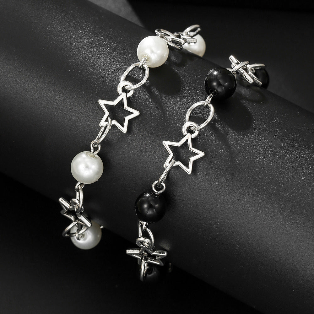 Minimalist Elegant Geometric Star Hollow Imitation Pearl Black Agate Spliced Bracelet for Women and Men