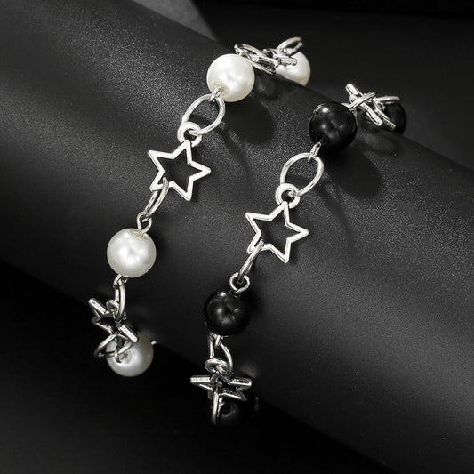 Minimalist Elegant Geometric Star Hollow Imitation Pearl Black Agate Spliced Bracelet for Women and Men