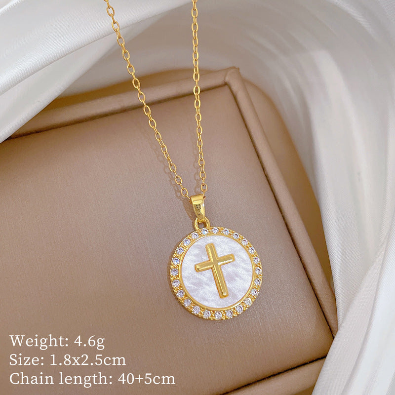Sweet Minimalist Cross Micro-Inlaid Cubic Zirconia Brass Pendant Titanium Steel Necklace for Unisex