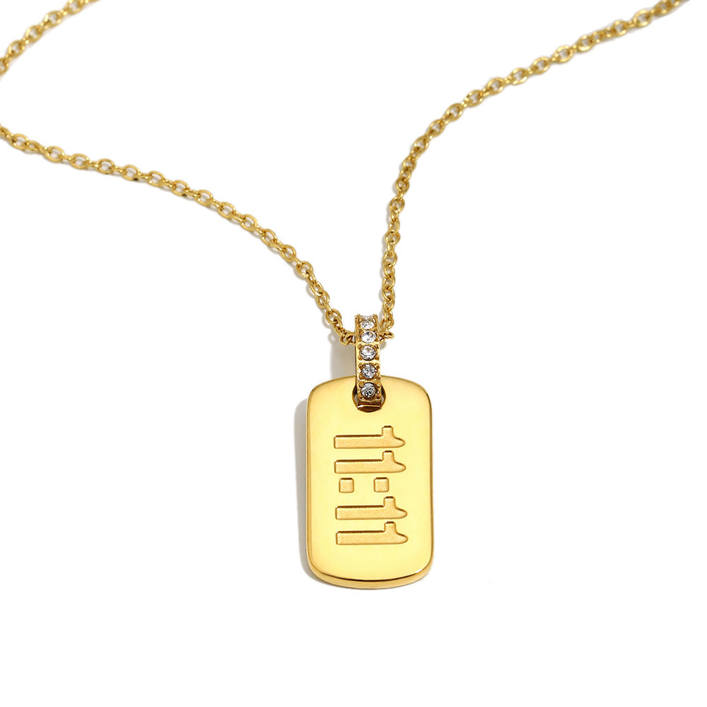 Minimalist Geometric Stainless Steel Plated 18K Gold 11:11 Square Pendant Necklace for Women
