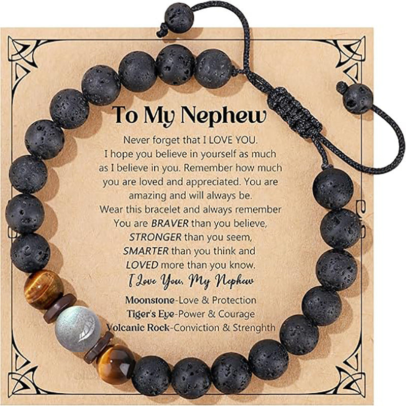 Unisex Handmade Braided Volcanic Stone Bracelet with Tiger Eye and Moonstone Beads Adjustable Geometric Round