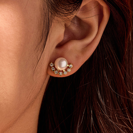 Minimalist French-Style Fan-Shaped Zirconia-Inlaid Pearl Titanium Steel Earrings for Women