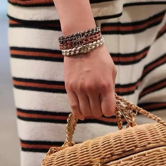 Luxury Gold Plated Brass Cuban Link Chain Letter Design Leather Open Cuff Bracelet for Women