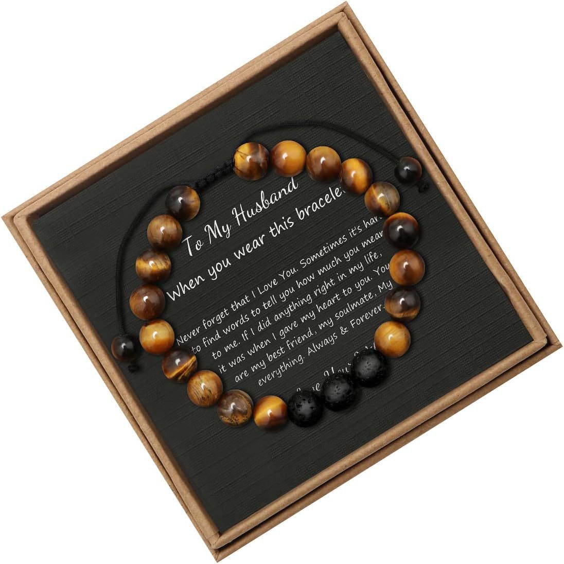 Men's Geometric Tiger's Eye Beaded Bracelet Adjustable Double Layer Handmade Gift