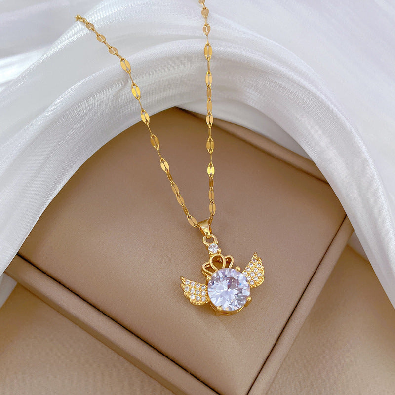 Collar minimalista geométrico con colgante de luna para mujeres y hombres Cadena de acero inoxidable con diseño de corona y alas