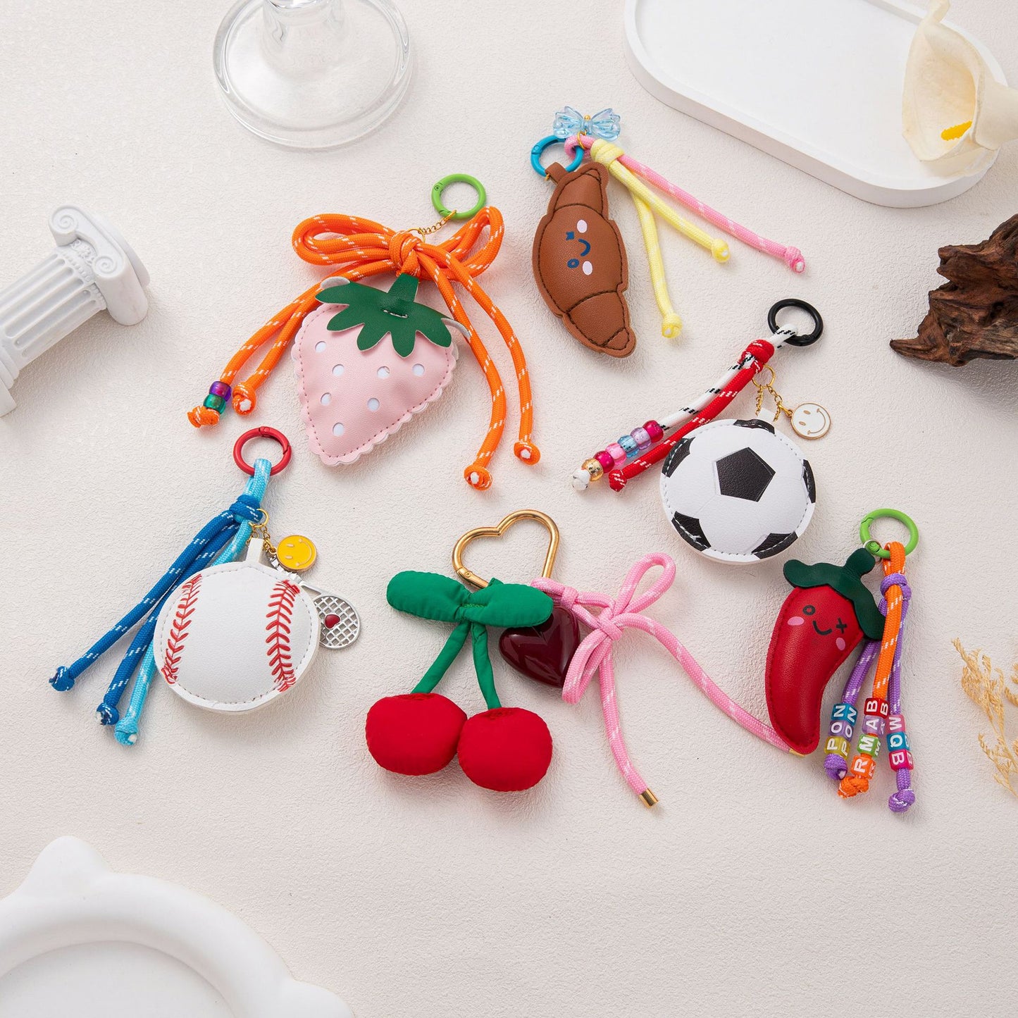 Fruit Pattern Plated Brass Bag Charm Keychain with Cherry Pepper Soccer Bow Designs