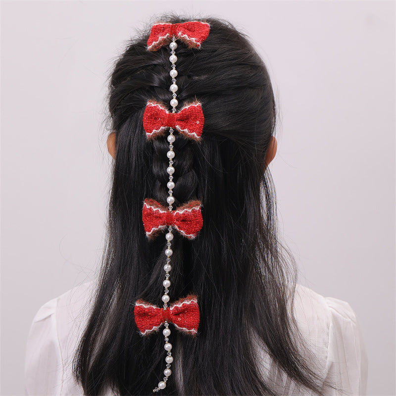 Lindo broche para el cabello en forma de lazo con adorno floral blanco, detalles de perlas y borlas para niñas