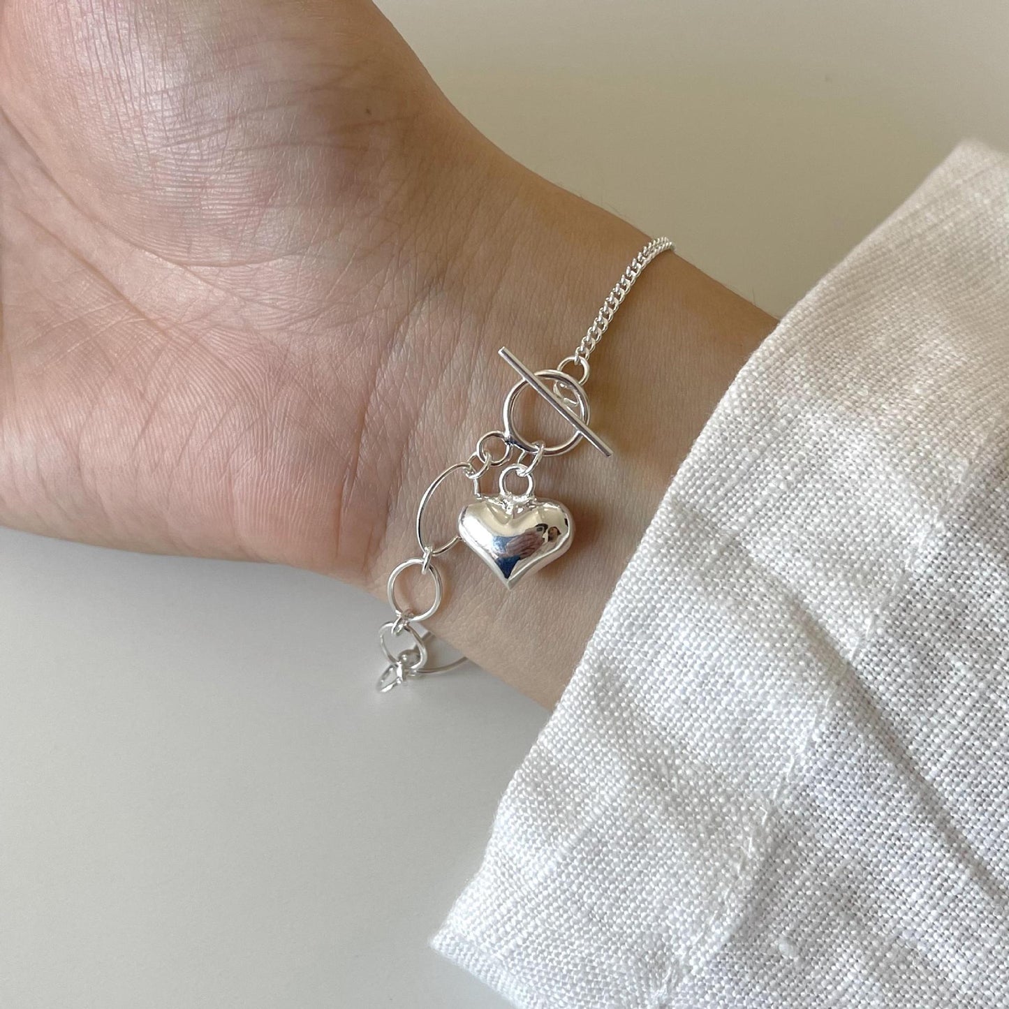 Bracciale fatto a mano a forma di cuore in argento sterling S925 con finitura scintillante, stile minimalista e dolce