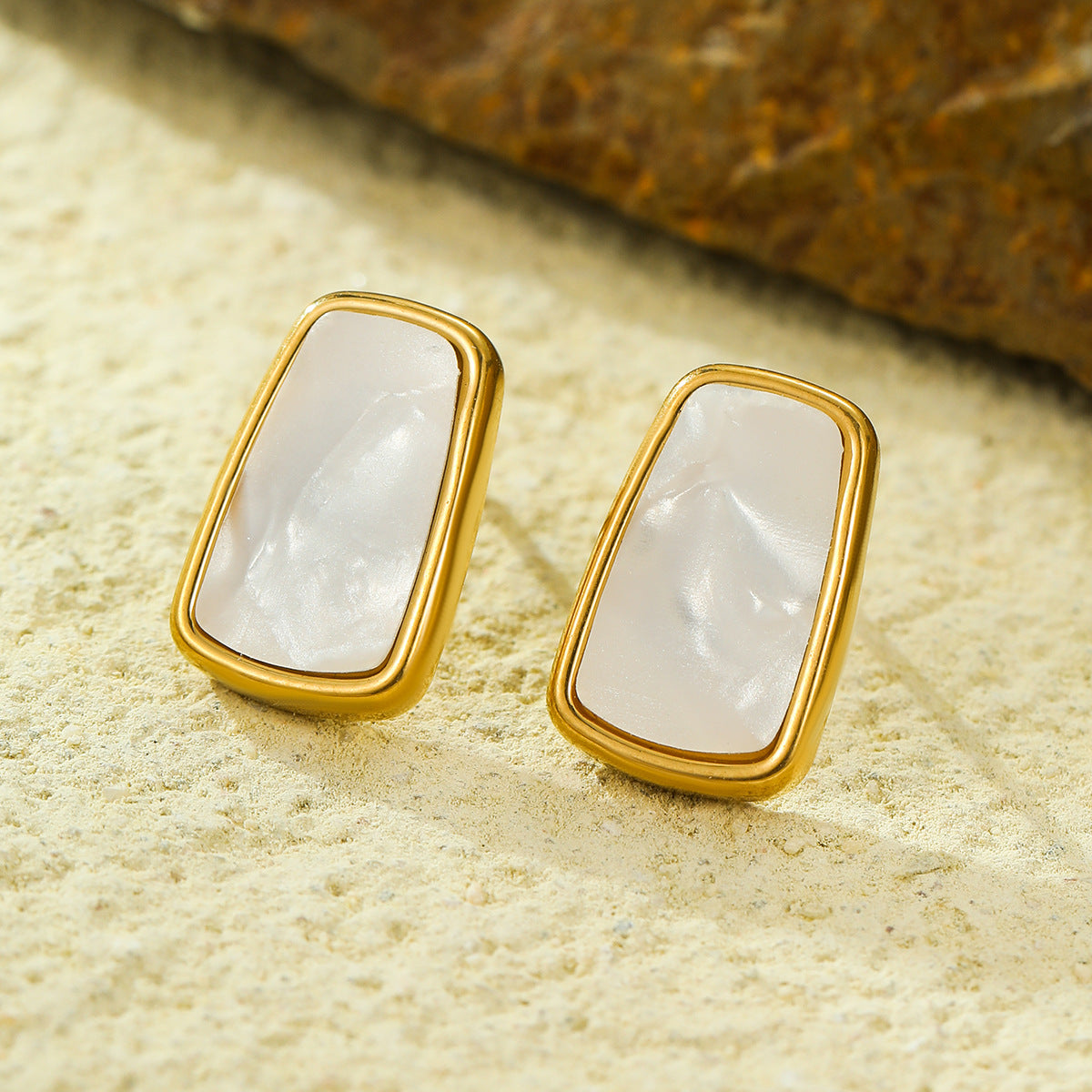 Fashionable Trapezoidal Stainless Steel Stud Earrings with Gold-Plated Edge and White Mother-of-Pearl Inlay for Women