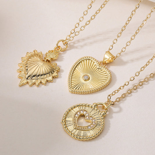 Minimalist Vintage 18K Gold Plated Brass Heart Pendant Necklace with Cubic Zirconia for Women