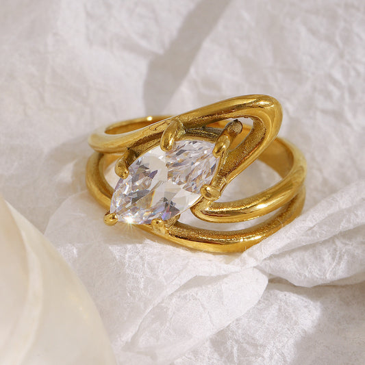 Anello da donna a doppio strato a forma di marquise, geometrico e minimalista, in acciaio inossidabile placcato oro 18 carati