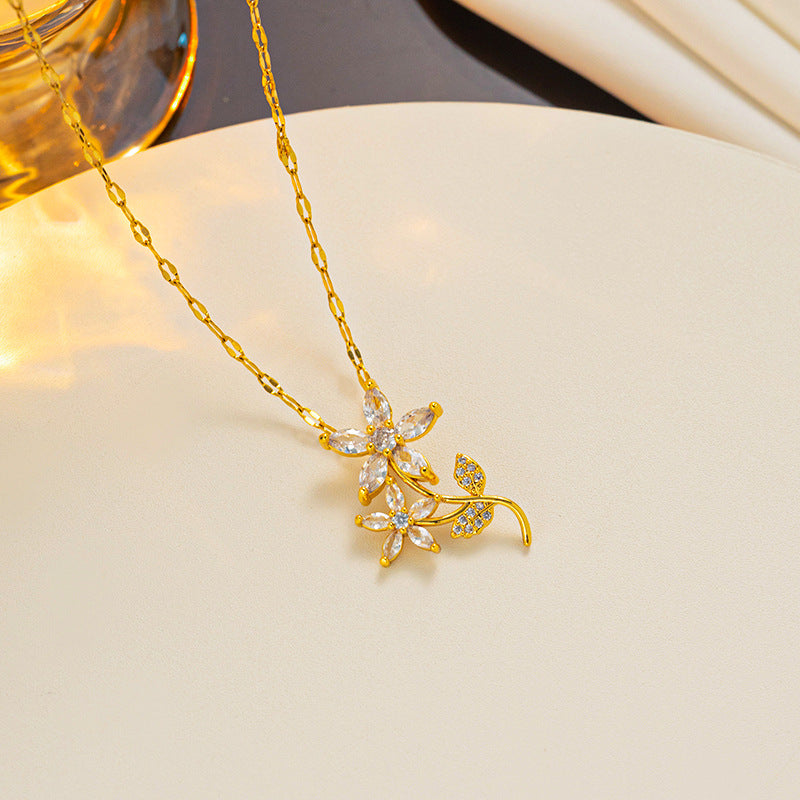 Vintage Floral Blossom Pendant Necklace for Women Made of Titanium Steel with Rhinestone Inlay and Polished Waterwave Chain