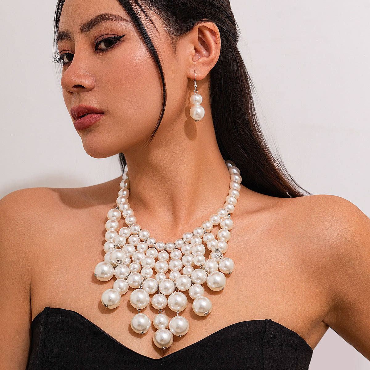 Exaggerated Geometric Faux Pearl Tassel Multi-Layer Ball Chain Necklace Set for Women