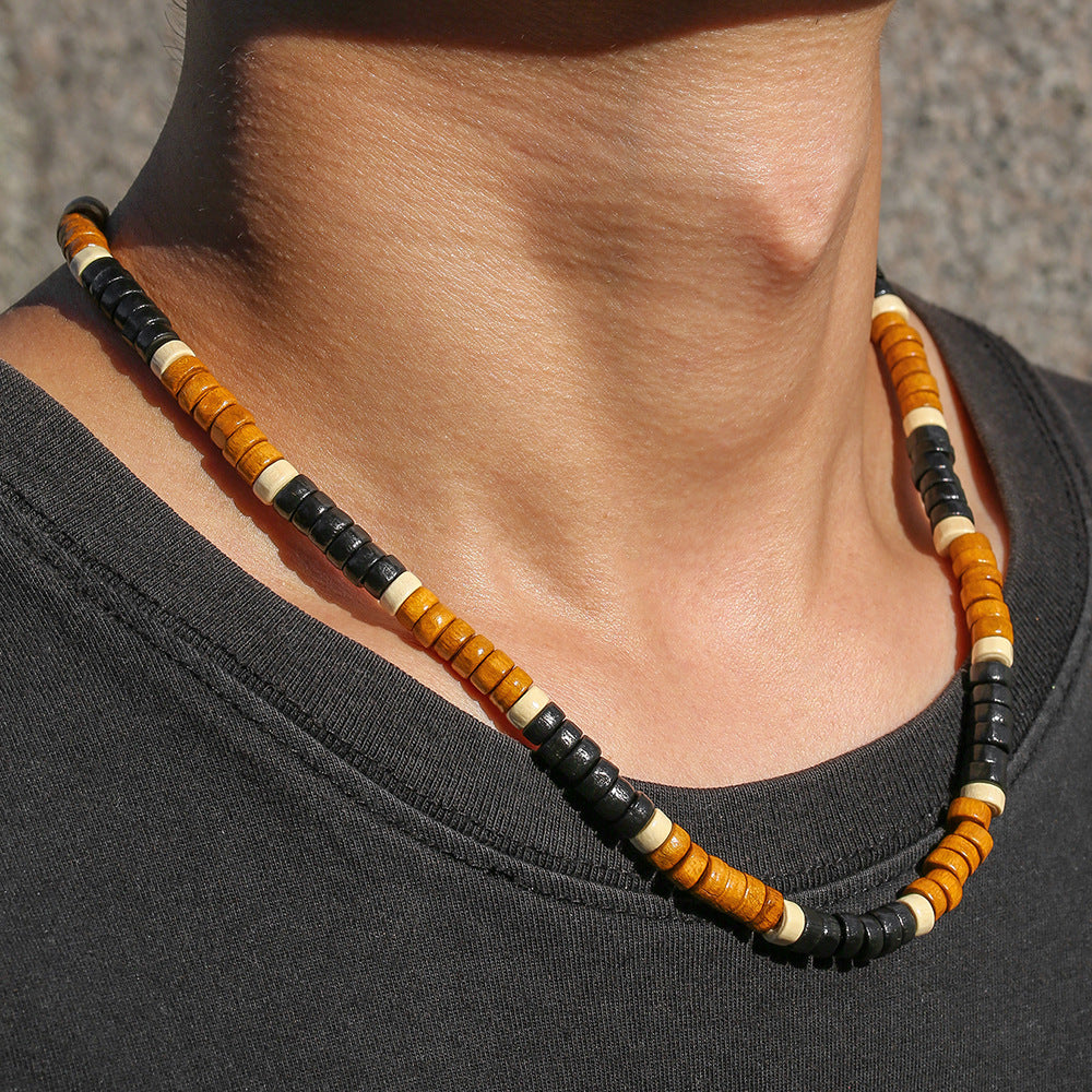 Vintage Gothic Geometric Round Coconut Shell Pendant Necklace with Wood Beads Cable Chain Unisex