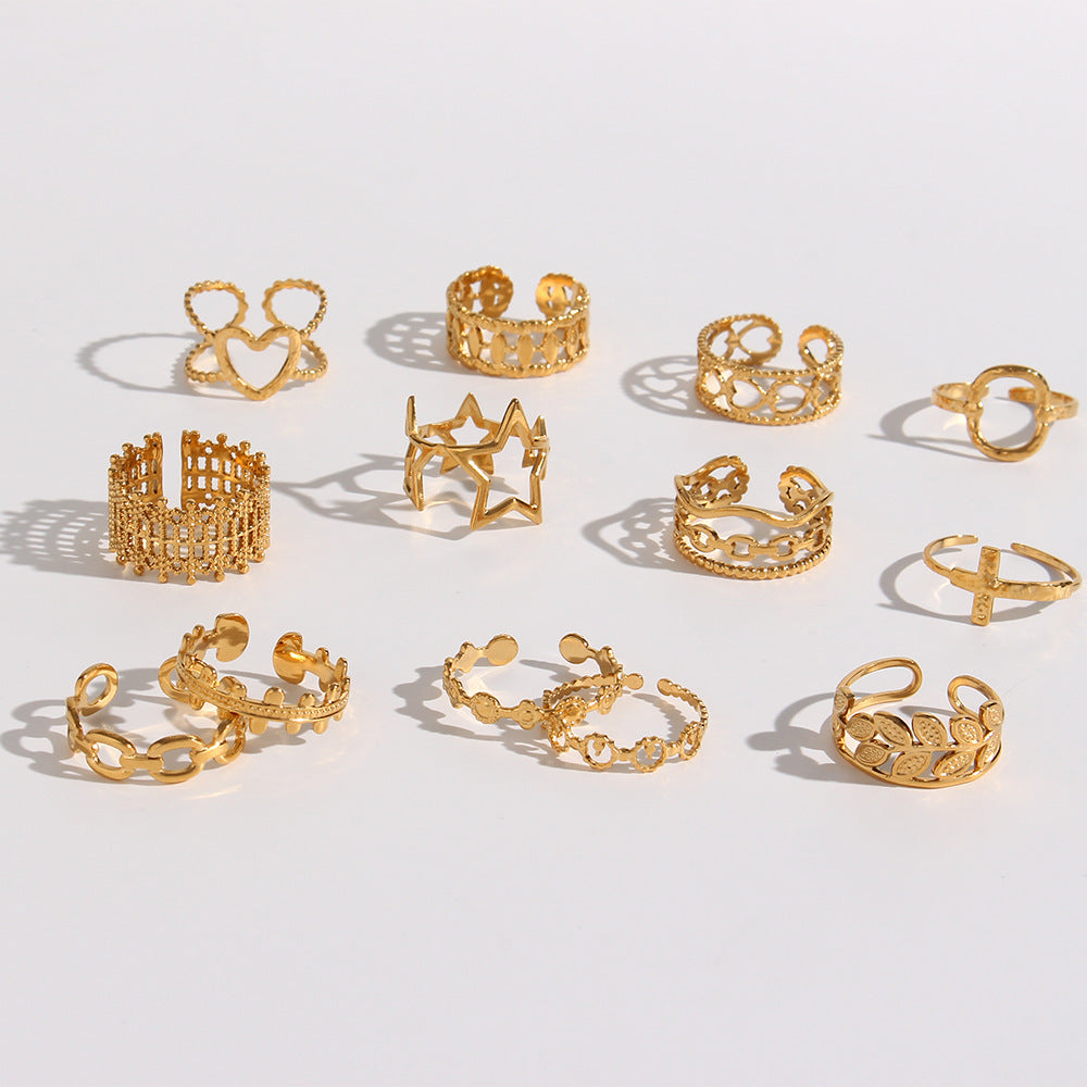 Anillo abierto trenzado de acero inoxidable calado geométrico a la moda para mujer con acabado chapado