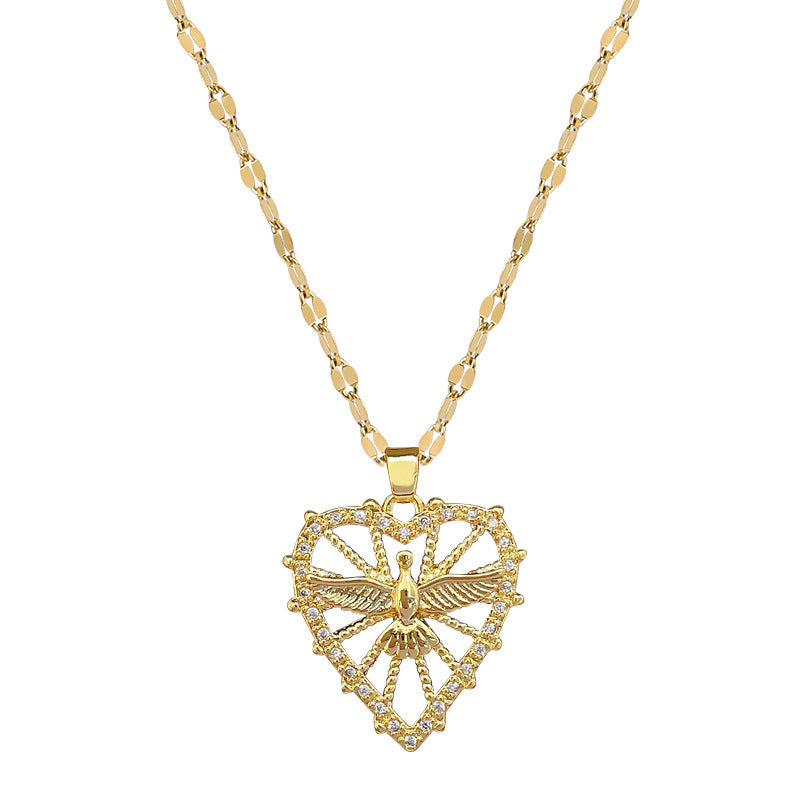 Collana Minimalista a Cuore in Acciaio al Titanio con Motivo Fenice da Donna, Delicata Catena Leggera per Clavicola con Accenti di Strass