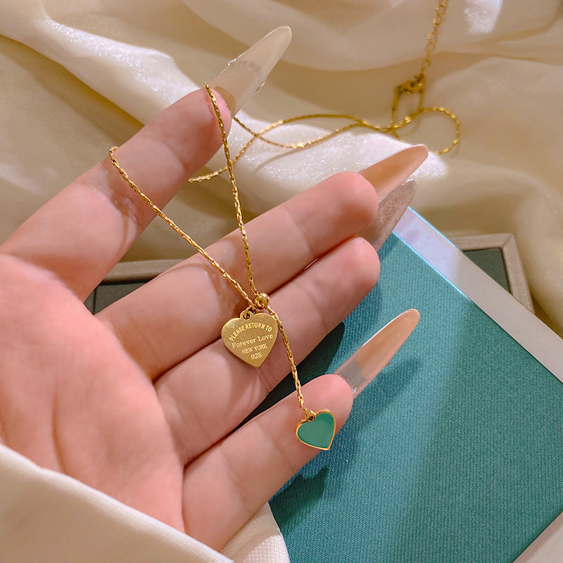 Sweet Gold Plated Titanium Steel Heart Pearl Tassel Necklace Adjustable