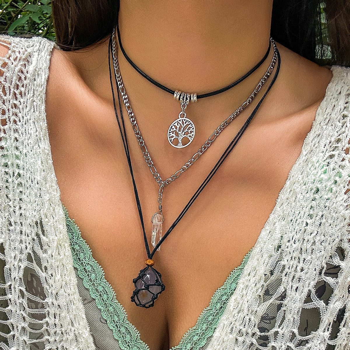 Collana vintage a U con perline in lega con occhio di Allah e perla da donna