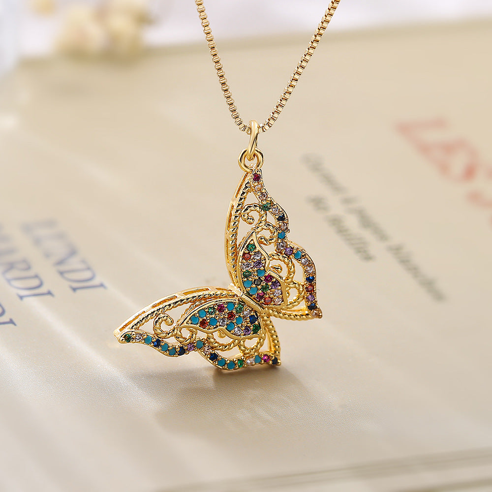 Minimalist Butterfly Life Tree Pendant Necklace for Women in Copper with Gold Plating and Zircon Inlay