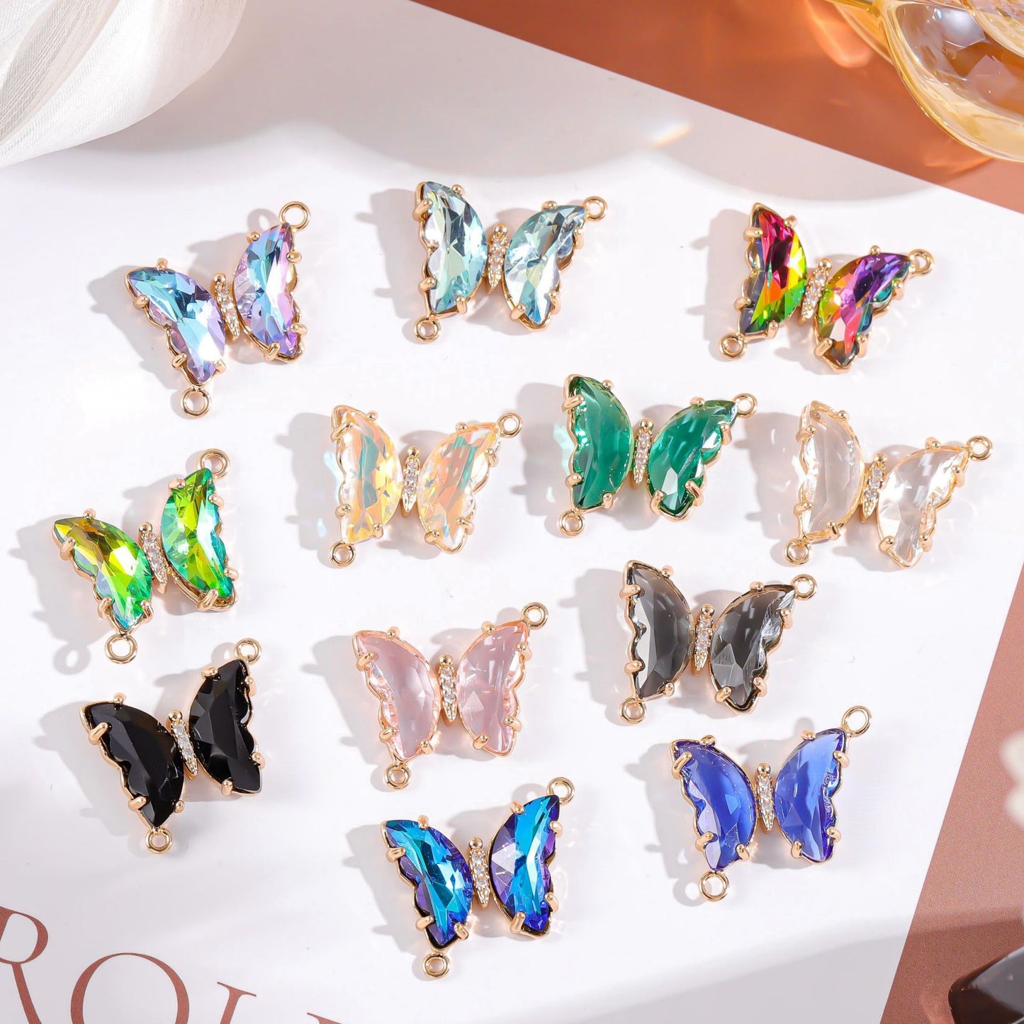 Sweet Gradient Glitter Crystal Butterfly Double Pendant Brass Plated Charm Bar