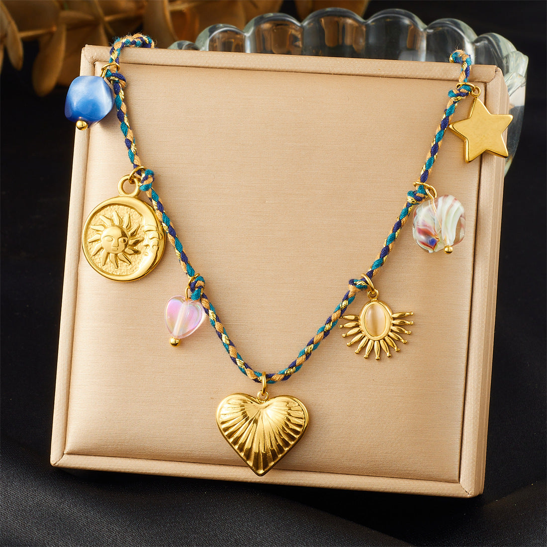 Bohemian Vintage Gold Plated Stainless Steel Rope Chain Floral Pendant Jewelry Set