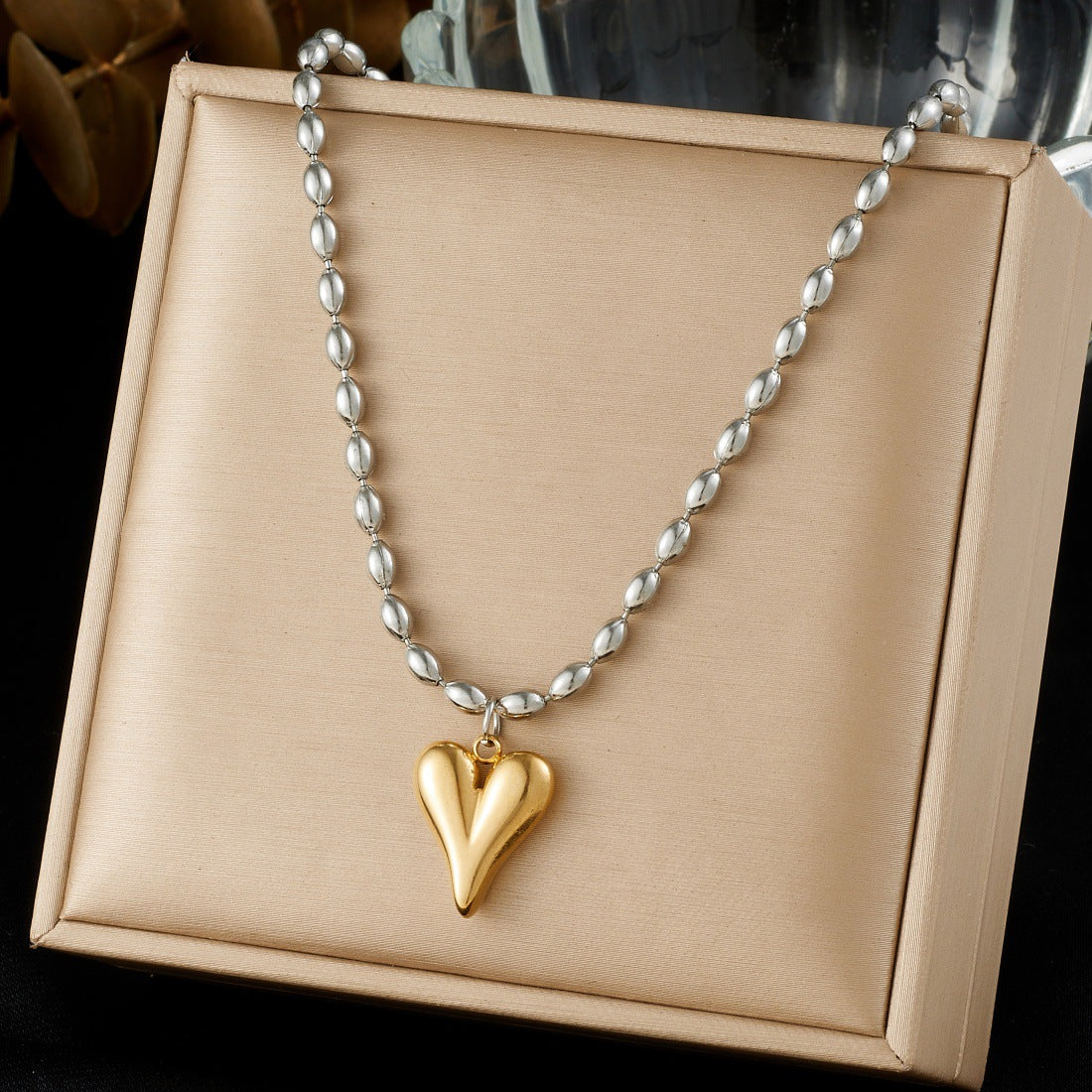 Gold Plated Stainless Steel Heart Ball Chain Necklace for Women