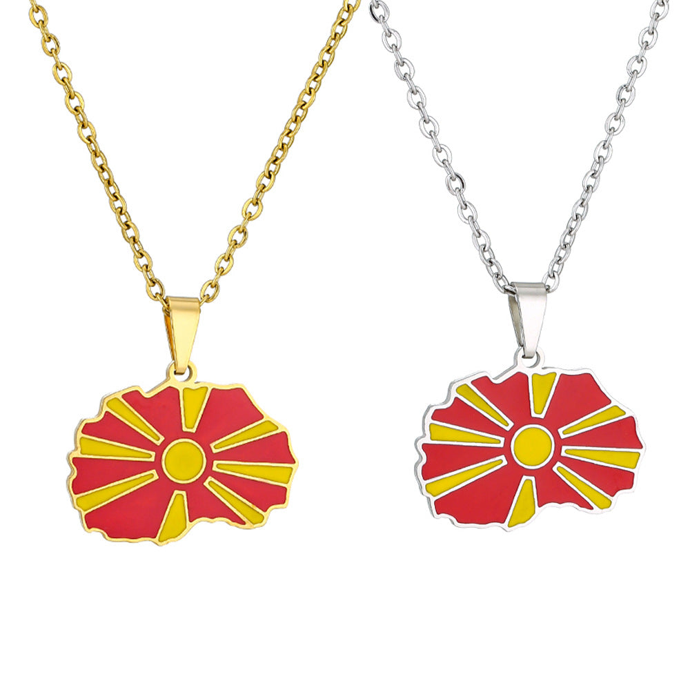Collar con colgante de la bandera de Macedonia de esmalte de acero inoxidable geométrico vintage con cadena O para unisex