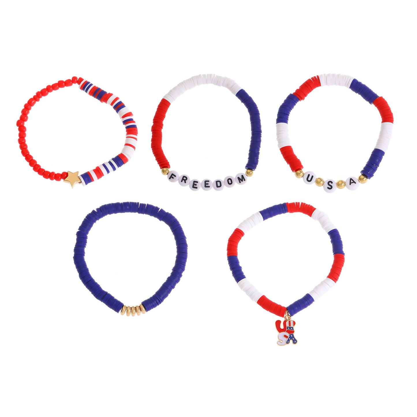 Patriotic Resin Beaded Bracelet Set with Heart Star Letter Charms and Rhinestone Accents