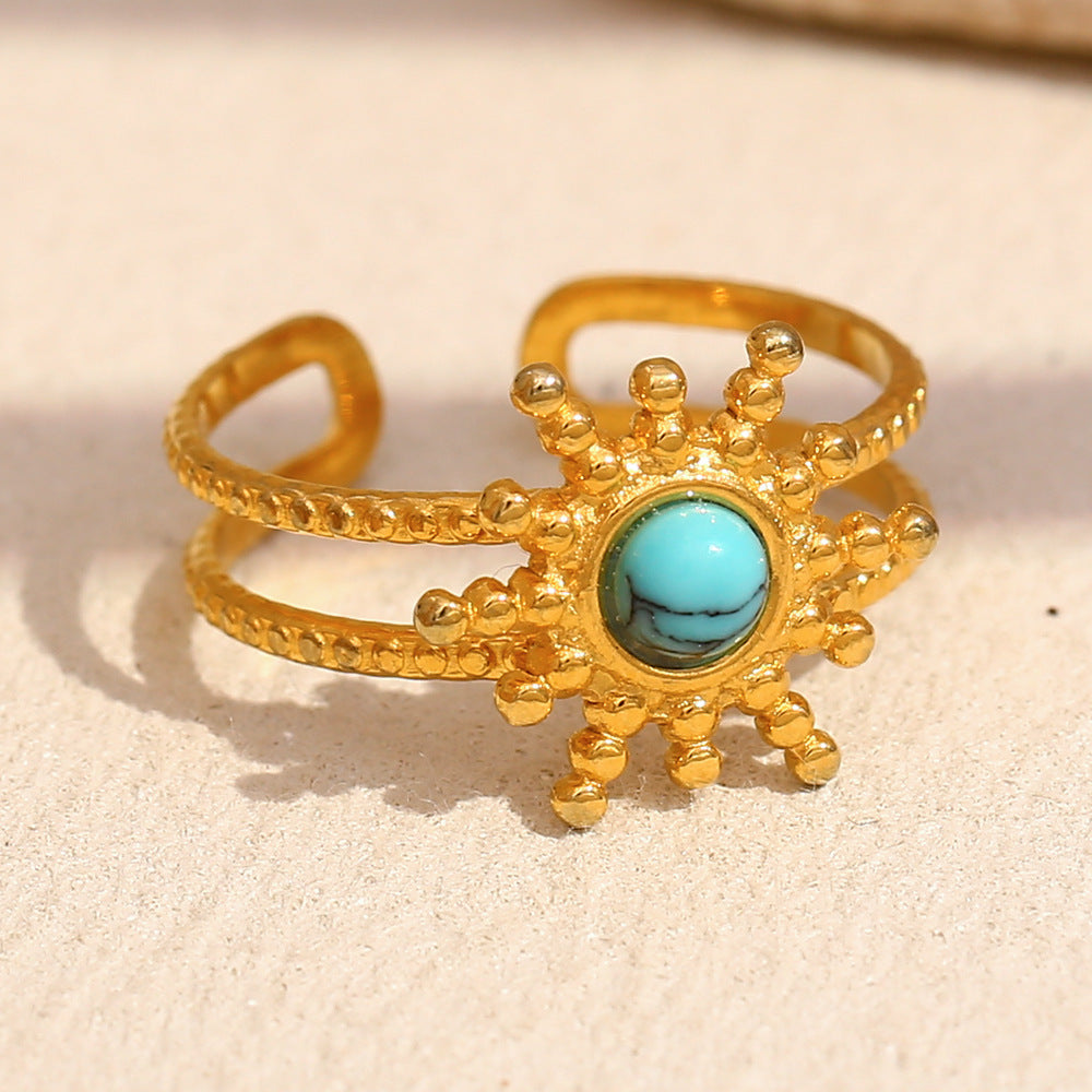 French Style Floral Sun-Shaped Stainless Steel Ring with 18K Gold Plating and Natural Turquoise for Women