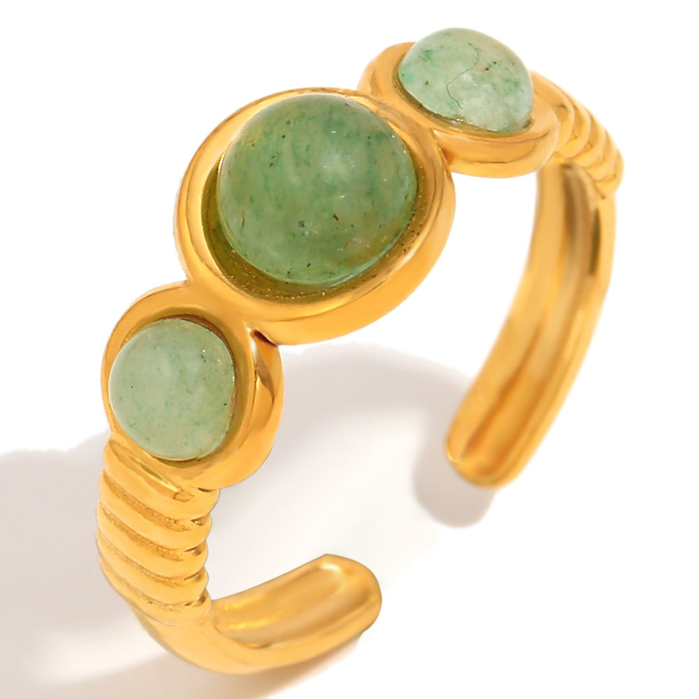 Minimalist Vintage Geometric Stainless Steel Ring with 18K Gold Plating and Green Aventurine Accents for Women