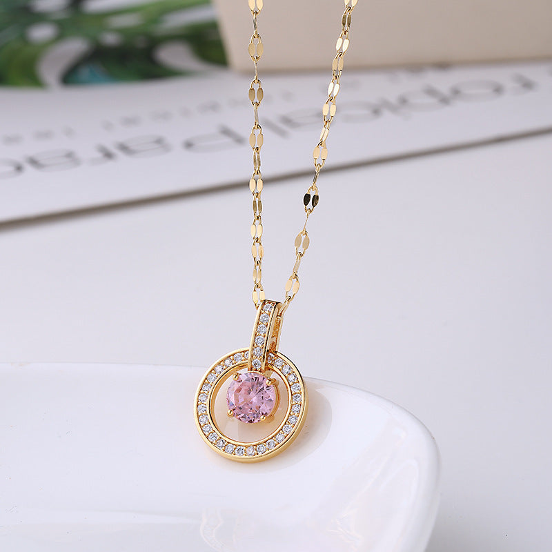 Fashion Titanium Steel Round Zircon Inlay 18K Rose Gold Lip Chain Necklace