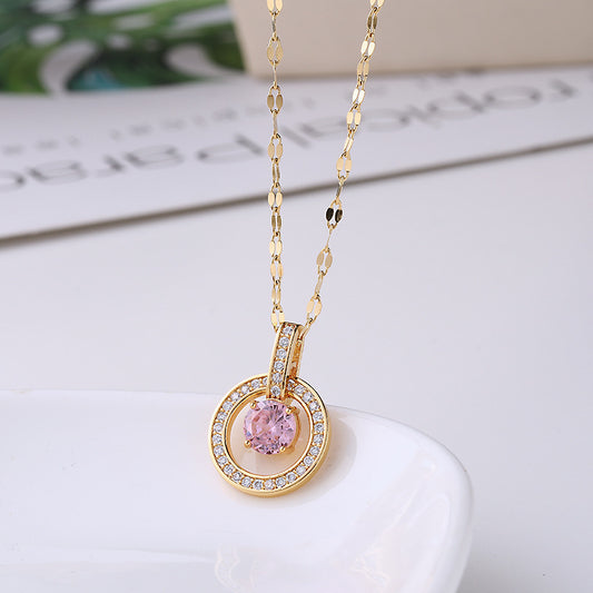 Fashion Titanium Steel Round Zircon Inlay 18K Rose Gold Lip Chain Necklace