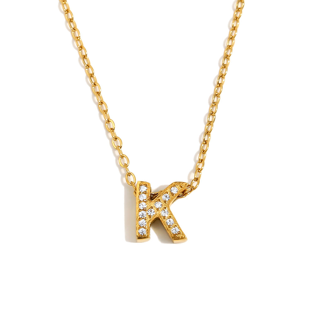 Minimalist Fashion Letter Pendant Necklace for Women Stainless Steel with 18K Gold Plating and Rhinestone Inlay