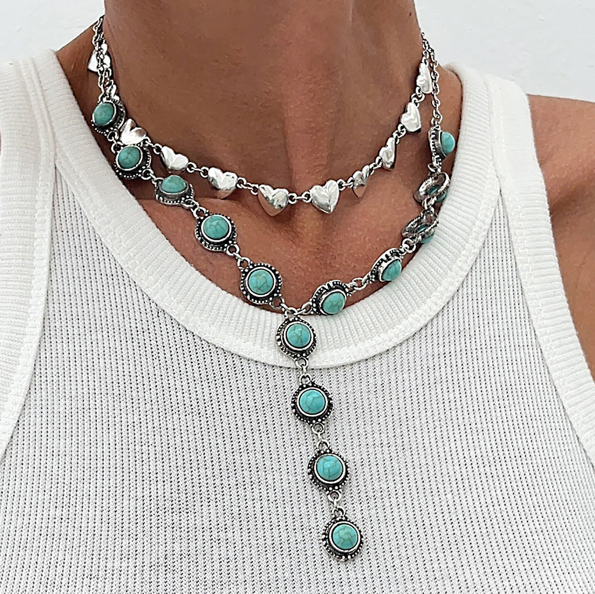 Vintage Bohemian Y-Shaped Tassel Necklace with Turquoise Heart Pendant in Alloy with Plated Finish