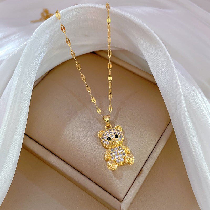 Luxury Sweet Bear Pendant Necklace in Titanium Steel with Rhinestone Inlay for Unisex
