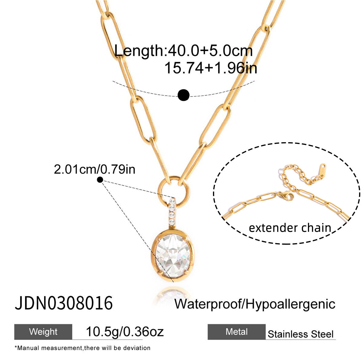 Minimalist Geometric Oval Stainless Steel PVD Cubic Zirconia Necklace for Women
