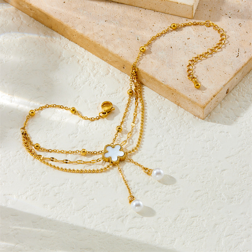 Floral Stainless Steel Anklet with Pearl and Shell Tassel for Women