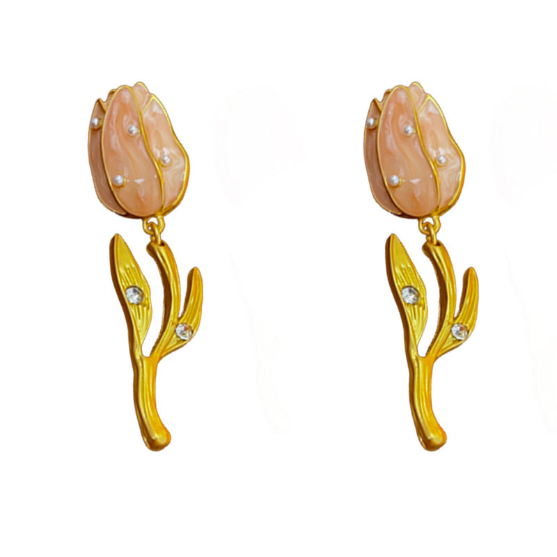 Orecchini a tulipano vintage in lega con strass intarsiati e finitura smaltata da donna