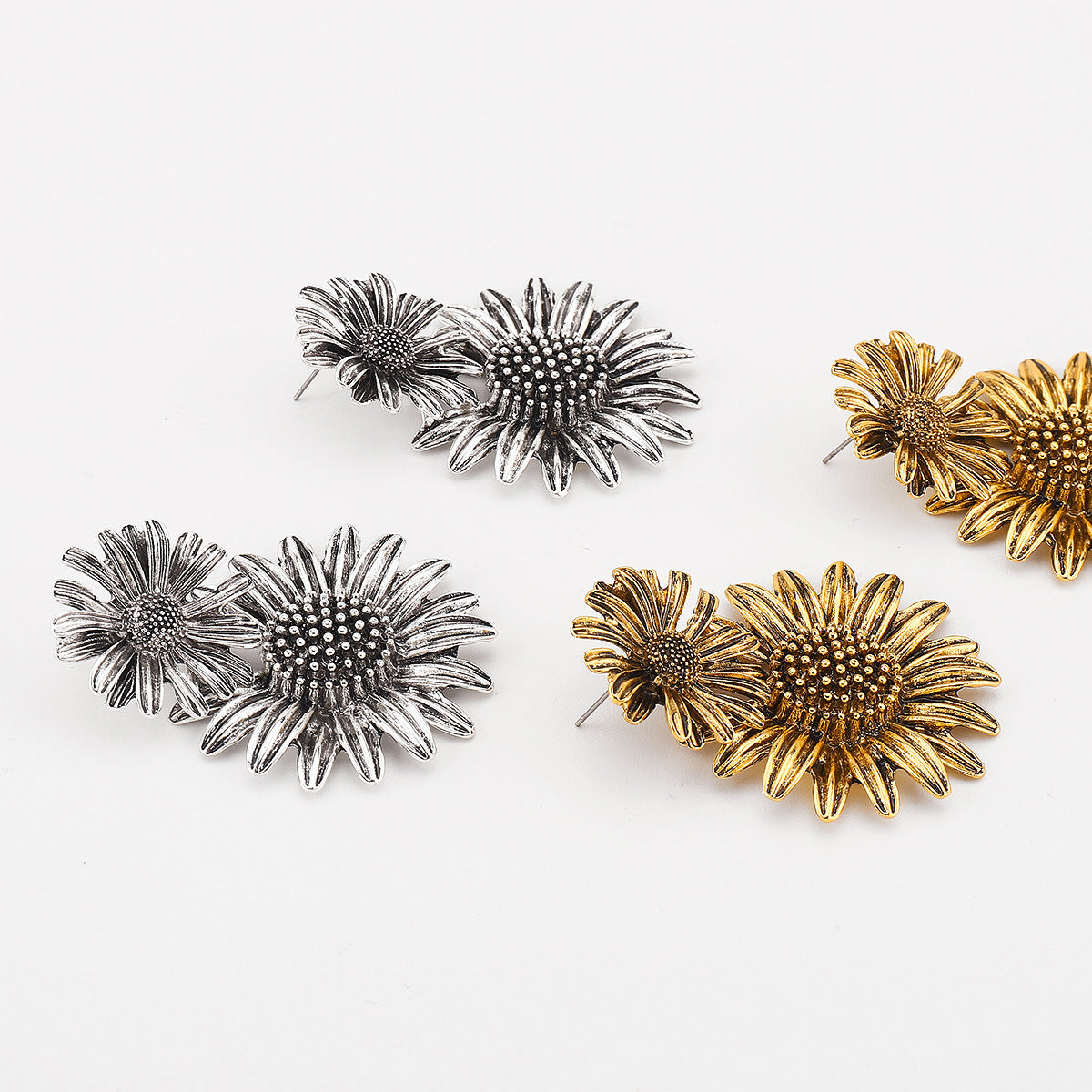 Vintage-Style Sunflower-Shaped Alloy Stud Earrings for Women with Electroplated Finish and Stainless Steel Posts