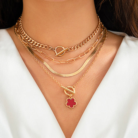 Collana con Pendente Vintage a Trifoglio da Donna con Catena a Serpente in Lega, Finitura Placcata, Design Floreale e Geometrico