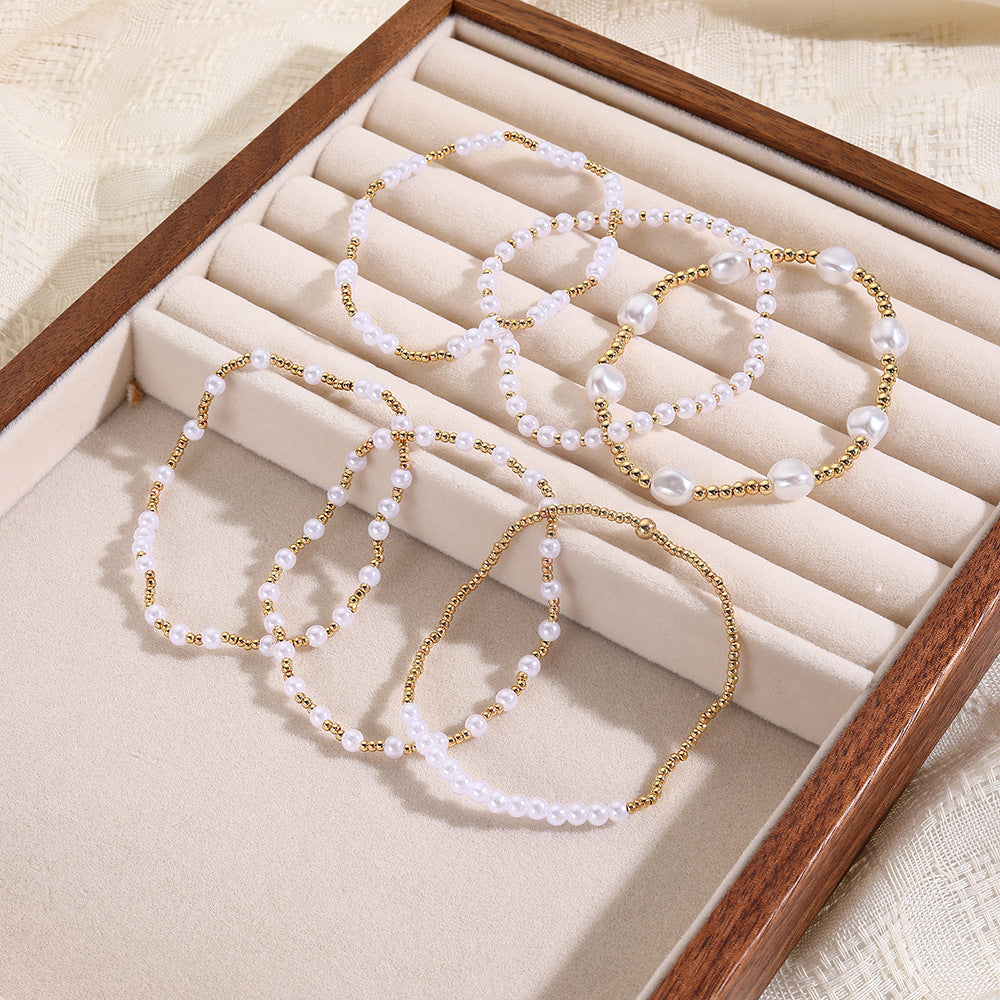 Minimalist Geometric Copper Bead Imitation Pearl Bracelet Set Women 18K Gold Plated Elastic String Jewelry