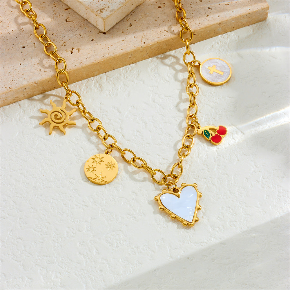 Vintage Elegant Heart Bow Cross Floral Stainless Steel Plated Necklace for Women