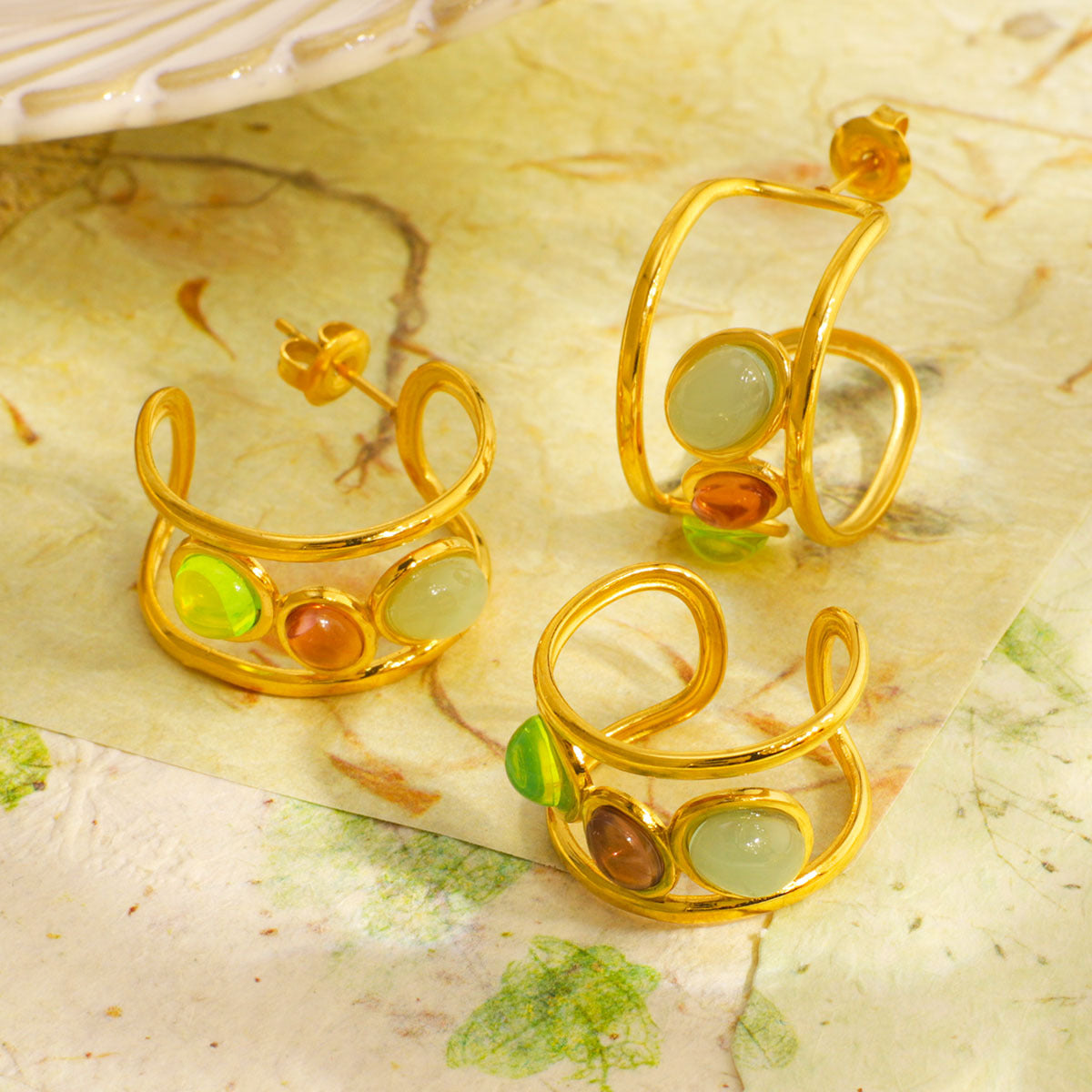 Set di orecchini e anello in acciaio inossidabile placcato oro 18 carati con pietre naturali, stile francese vintage geometrico a forma di C